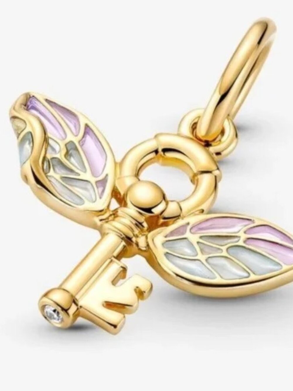 Pandora Gold Key Charm with Pink and White Enamel Wings